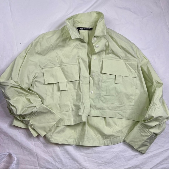 Zara Tops - Zara  Womens Green Button Front Shirt Boho Crop Long Sleeve Size S A060223